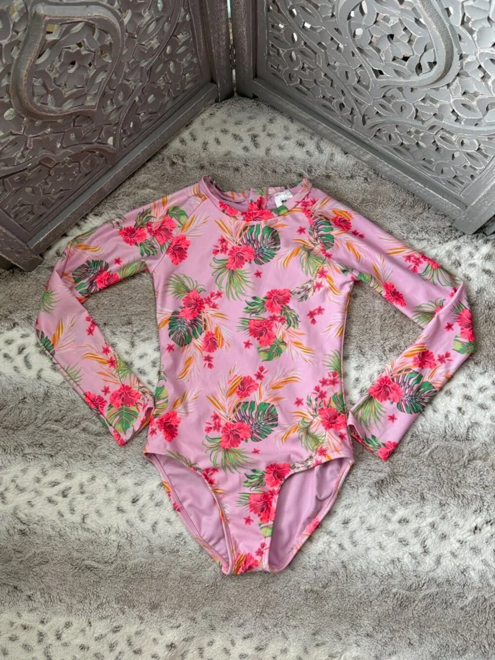 Art Class pink long sleeve swimsuit girls large tropical floral summer beach